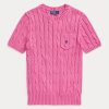 Fuchsiafarbene Ralph Lauren Kurzarmpullover aus Baumwolle mit Zopfmuster für Damen