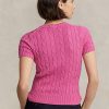 Fuchsiafarbene Ralph Lauren Kurzarmpullover aus Baumwolle mit Zopfmuster für Damen