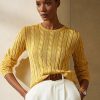 Gelbe Ralph Lauren Pullover mit Zopfmuster und Rundhalsausschnitt aus Seide für Damen
