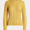 Gelbe Ralph Lauren Pullover mit Zopfmuster und Rundhalsausschnitt aus Seide für Damen