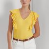 Gelbe Ralph Lauren T-Shirts aus Rippstrick mit Rüschenbesatz für Damen