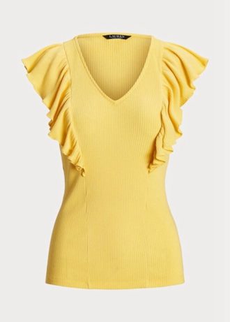 Gelbe Ralph Lauren T-Shirts aus Rippstrick mit Rüschenbesatz für Damen