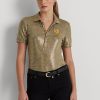 Goldfarbene Poloshirts aus Jersey mit Foliendruck von Ralph Lauren für Damen
