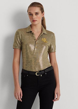 Goldfarbene Poloshirts aus Jersey mit Foliendruck von Ralph Lauren für Damen