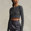 Graue gerippte Cropped-Tops mit Knopfleiste für Damen von Ralph Lauren
