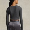 Graue gerippte Cropped-Tops mit Knopfleiste für Damen von Ralph Lauren