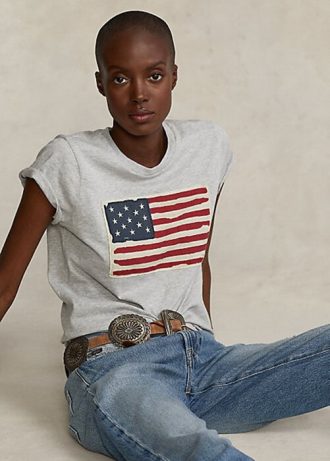 Graue Ralph Lauren Flag Baumwolljersey-T-Shirts für Damen