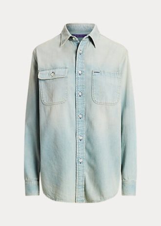 Hellblaue Ralph Lauren Tamia Baumwoll-Jeanshemden für Damen