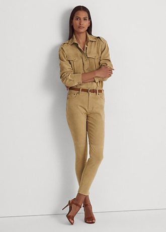 Khakifarbene, hochgeschnittene Skinny-Knöchelhose aus Wildleder von Ralph Lauren für Damen