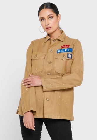 Khakifarbene Ralph Lauren Button-Down-Hemden mit Taschendetail für Damen