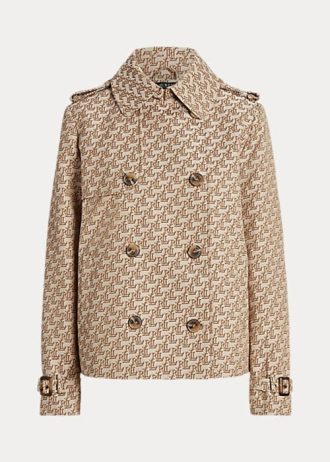 Khakifarbene Ralph Lauren-Mäntel aus zweireihigem Jacquard mit Monogramm für Damen