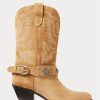 Khakifarbene Ralph Lauren Westernstiefel aus Kalbswildleder mit Nieten für Damen