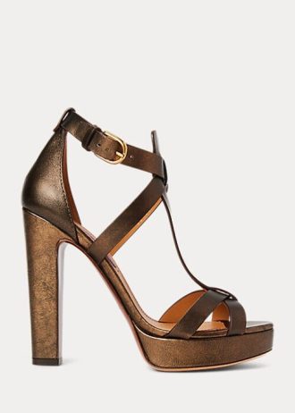 Kupferfarbene Ralph Lauren Dakota Metallic-Sandalen aus Kalbsleder für Damen