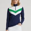 Marineblaue / grüne Ralph Lauren Chevron-Streifen-Sweatshirts mit Viertelreißverschluss für Damen