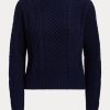 Marineblaue Ralph Lauren Aran-Strick-Pullover aus Baumwolle mit U-Boot-Ausschnitt für Damen