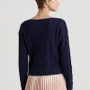 Marineblaue Ralph Lauren Aran-Strick-Pullover aus Baumwolle mit U-Boot-Ausschnitt für Damen