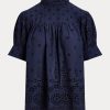 Marineblaue Ralph Lauren Baumwolloberteile mit Ösenstickerei für Damen