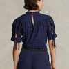 Marineblaue Ralph Lauren Baumwolloberteile mit Ösenstickerei für Damen