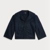 Marineblaue Ralph Lauren Cropped Indigo-Jacken aus Baumwoll-Leinen für Damen