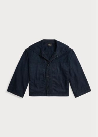 Marineblaue Ralph Lauren Cropped Indigo-Jacken aus Baumwoll-Leinen für Damen