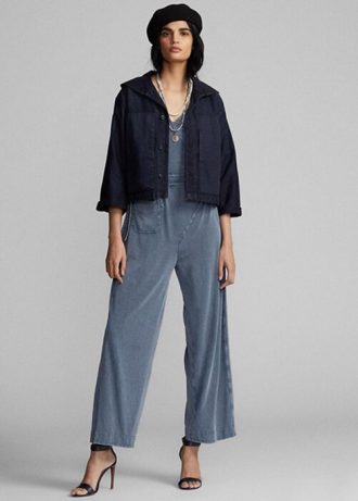 Marineblaue Ralph Lauren Cropped Indigo-Jacken aus Baumwoll-Leinen für Damen