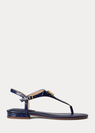 Marineblaue Ralph Lauren Ellington Sandalen aus geprägtem Leder für Damen