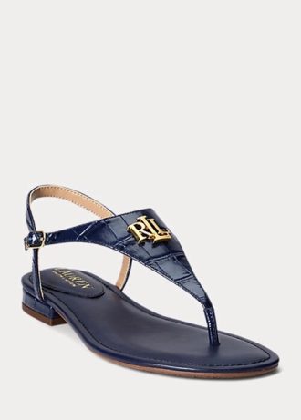 Marineblaue Ralph Lauren Ellington Sandalen aus geprägtem Leder für Damen