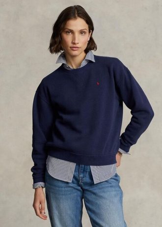 Marineblaue Ralph Lauren Fleece-Pullover mit Rundhalsausschnitt für Damen