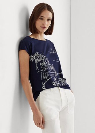 Marineblaue Ralph Lauren Graphic Jersey T-Shirts für Damen