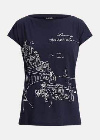 Marineblaue Ralph Lauren Graphic Jersey T-Shirts für Damen