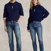 Marineblaue Ralph Lauren Kaschmir-Kapuzenpullover mit Pony-Zopfmuster für Damen