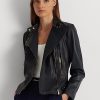 Marineblaue Ralph Lauren Motorradjacken aus getrommeltem Leder für Damen