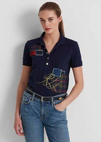 Marineblaue Ralph Lauren Patchwork-Piqué-Poloshirts für Damen