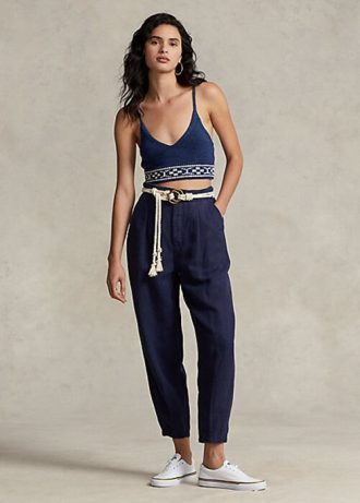 Marineblaue Ralph Lauren Plissierte Hose aus Leinenmischung-Twill für Damen