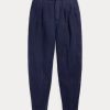 Marineblaue Ralph Lauren Plissierte Hose aus Leinenmischung-Twill für Damen