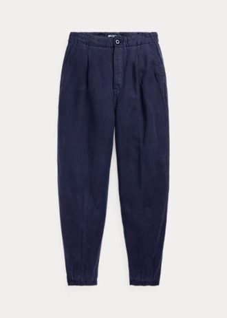 Marineblaue Ralph Lauren Plissierte Hose aus Leinenmischung-Twill für Damen