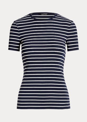 Marineblaue Ralph Lauren T-Shirts aus gestreifter Stretch-Baumwolle für Damen