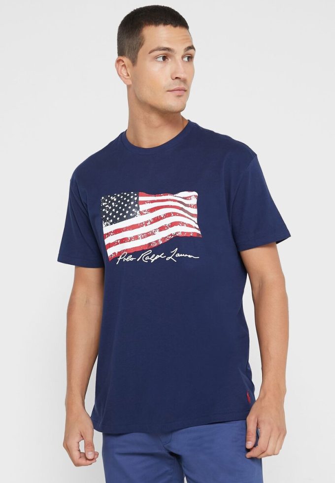 Marineblaue Ralph Lauren T-Shirts mit Rundhalsausschnitt und Print für Herren