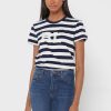 Marineblaue Ralph Lauren T-Shirts mit Rundhalsausschnitt und Streifen für Damen