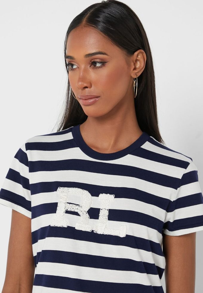 Marineblaue Ralph Lauren T-Shirts mit Rundhalsausschnitt und Streifen für Damen