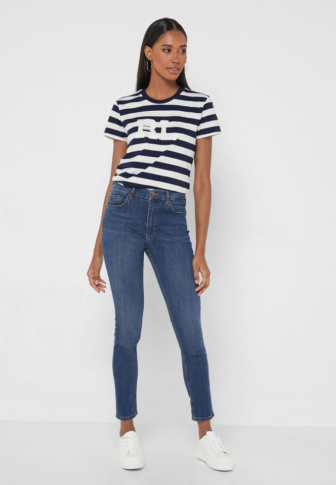 Marineblaue Ralph Lauren T-Shirts mit Rundhalsausschnitt und Streifen für Damen