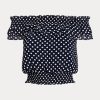 Marineblaue, schulterfreie Blusenhemden mit Polka-Dot-Muster für Damen von Ralph Lauren