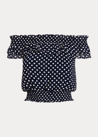 Marineblaue, schulterfreie Blusenhemden mit Polka-Dot-Muster für Damen von Ralph Lauren