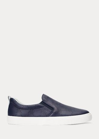 Marineblaue Slip-On-Sneakers aus Leder mit Ralph Lauren Haddley-Logo für Damen