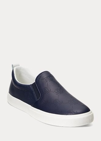 Marineblaue Slip-On-Sneakers aus Leder mit Ralph Lauren Haddley-Logo für Damen