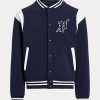 Marineblaue / weiße Ralph Lauren Fleece-Letterman-Jacken für Herren