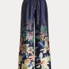 Marineblaue, weit geschnittene Charmeuse-Hose mit Blumenmuster von Ralph Lauren für Damen