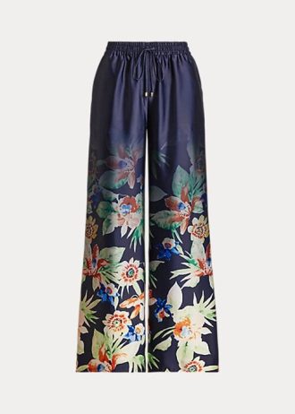 Marineblaue, weit geschnittene Charmeuse-Hose mit Blumenmuster von Ralph Lauren für Damen