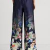 Marineblaue, weit geschnittene Charmeuse-Hose mit Blumenmuster von Ralph Lauren für Damen