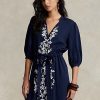 Marineblaues Maxikleid aus Gaze mit Blumenstickerei für Damen von Ralph Lauren
